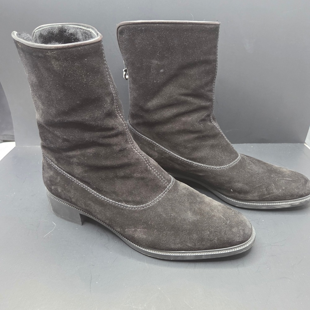 Salvatore Ferragamo Suede Boots Mid Calf Fur Lined Black 9 Gancini Zip